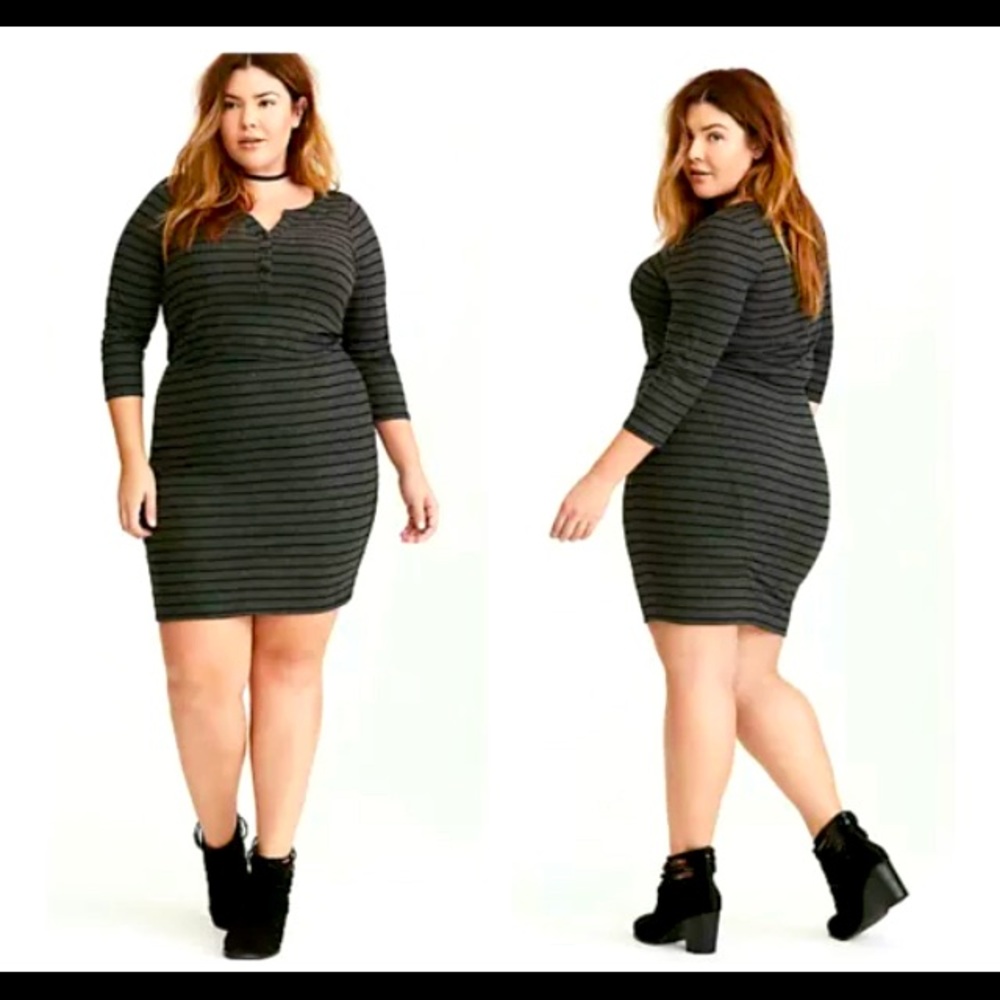 Torrid Grey & Black Stripe Henley Long Sleeve Ribbed Sweater Dress Size 3X NWT